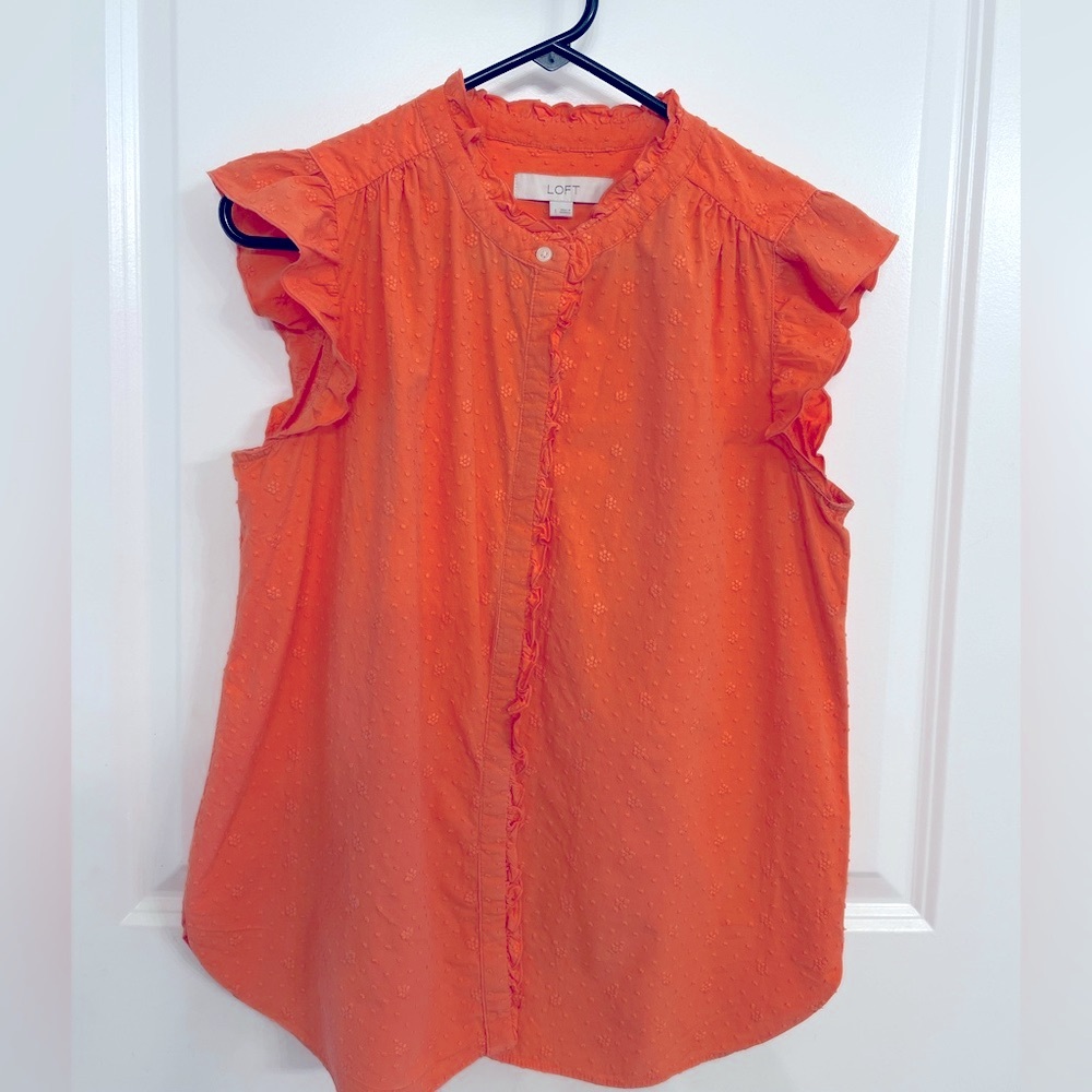 LOFT Coral  Ruffled Mandarin Collar Blouse
